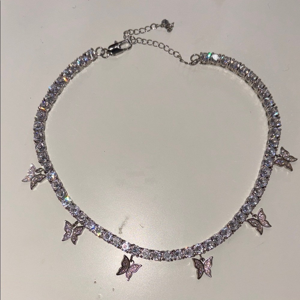 Crystal Butterfly Tennis Choker Necklace - Silver Tone